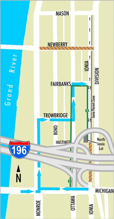 JPG graphic showing detour route for north ionia monthly parkers with Newberry closed