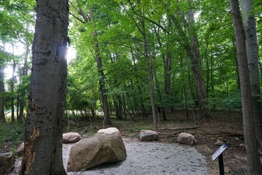 Glacial rock surrounded by smaller boulders to create an outdoor classroom space
