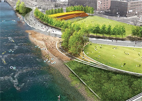 A rendering of river and park space concept detailed in the River for All plan