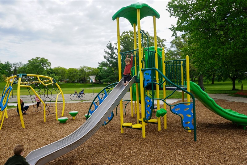 Colorful playground with multiple slides and features