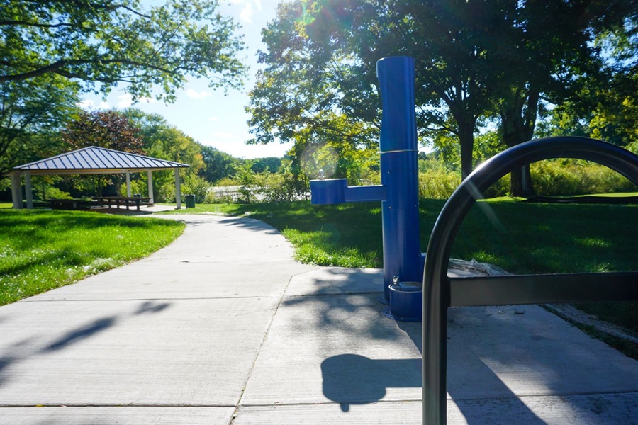 Bike loop and drinking fountain with a dog bowl