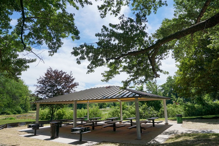 A solar powered picnic shelter along the Riverside Park lagoon