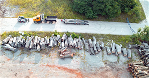 aerial photo of a large pile of logs being loaded on a truck and trailer