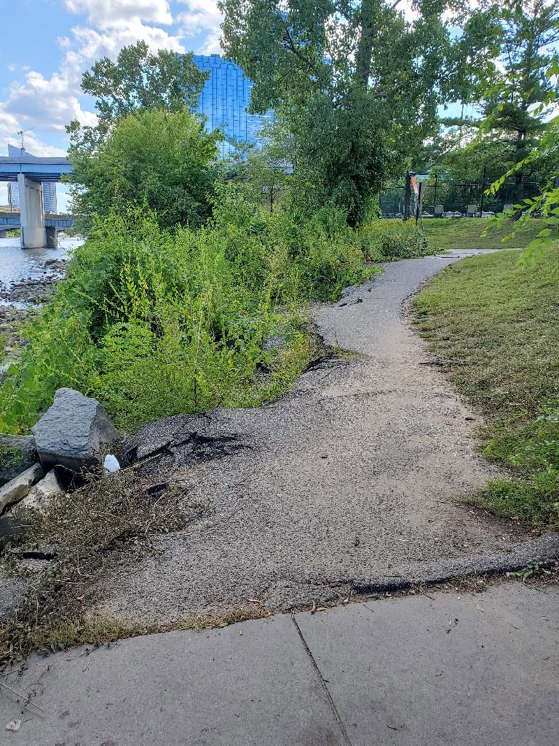 A walking path along the Grand River in disrepair