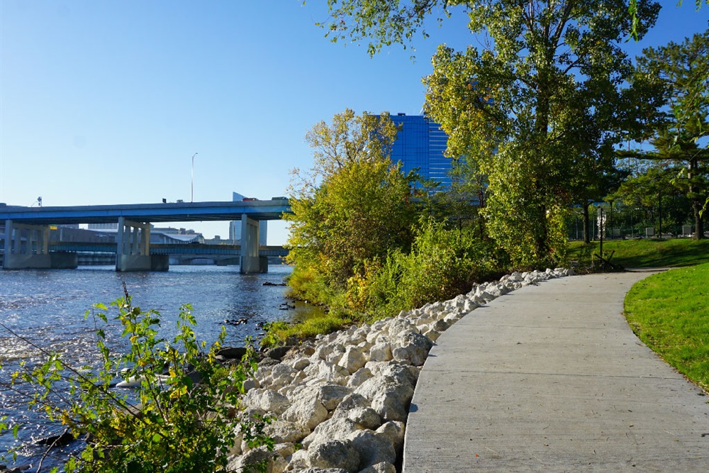 A newly paved walking path along the Grand River