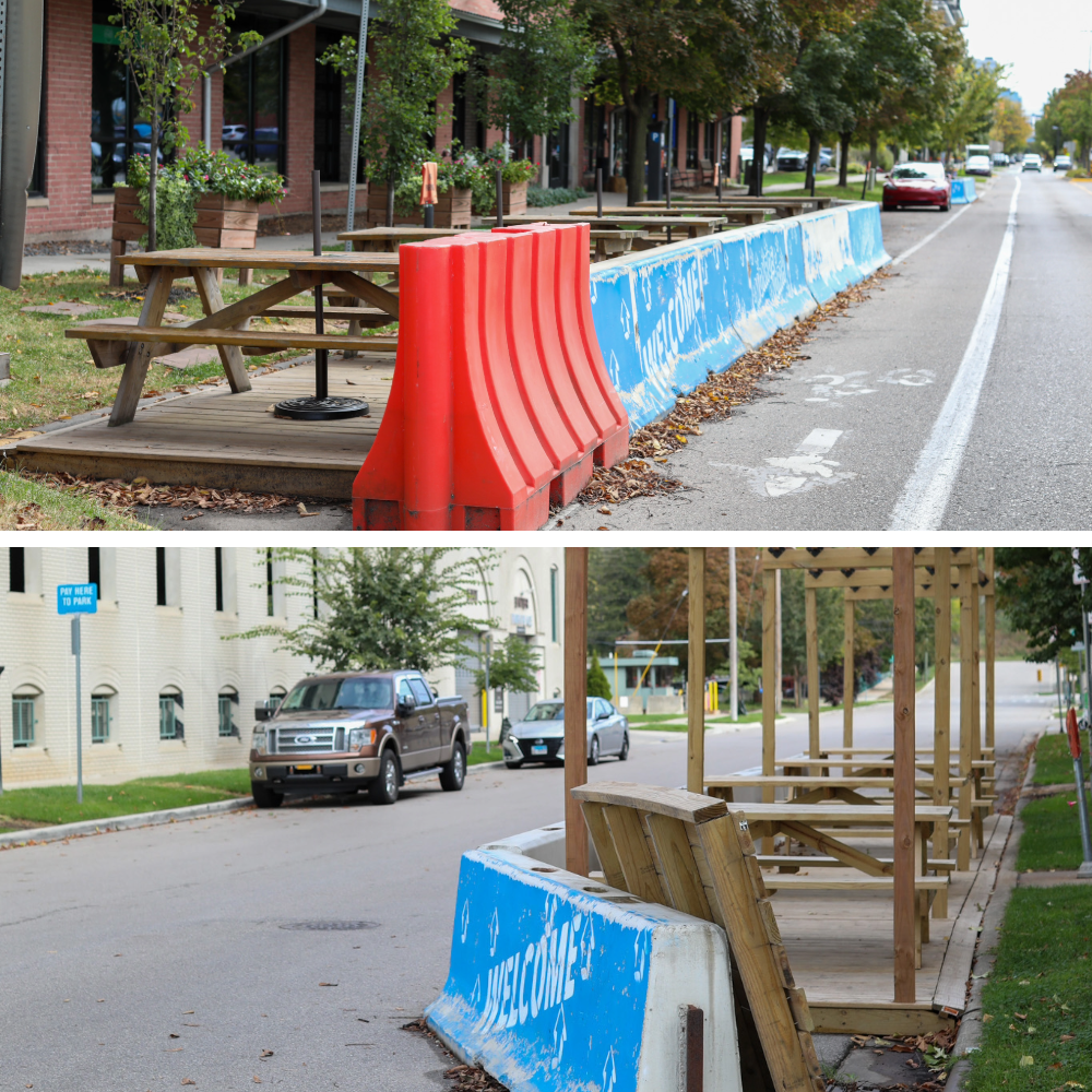 two pictures of temporary parklets