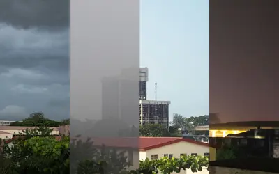 Four different weather conditions with respect to a particular location (university of Lagos, Nigeria). From left to right a cloudy day just before an intense rainfall, Harmattan season which is categorized by haze and poor visibility, a clear and bright day, and the same location at night. The photo took close to eight months to make due to the difference in seasons and occurrence.