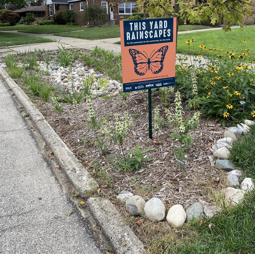 a sign in a residential rain garden that says "this yard rainscapes" with an outline of monarch butterfly