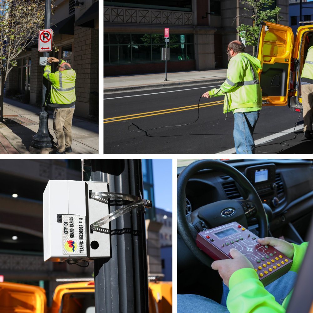 Four pictures of City Staff setting up installations